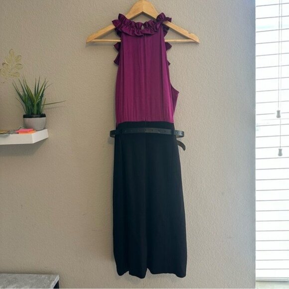 INC Magenta Stretch Silk Ruffle Black Ponte Knit Sheath Dress Party US 10 NWT - Picture 3 of 10